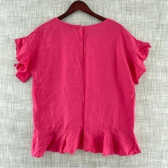 Context Linen Round neck Pink 1/4 button back Short Sleeve Ruffle Blouse 8216/6 - Picture 2 of 9